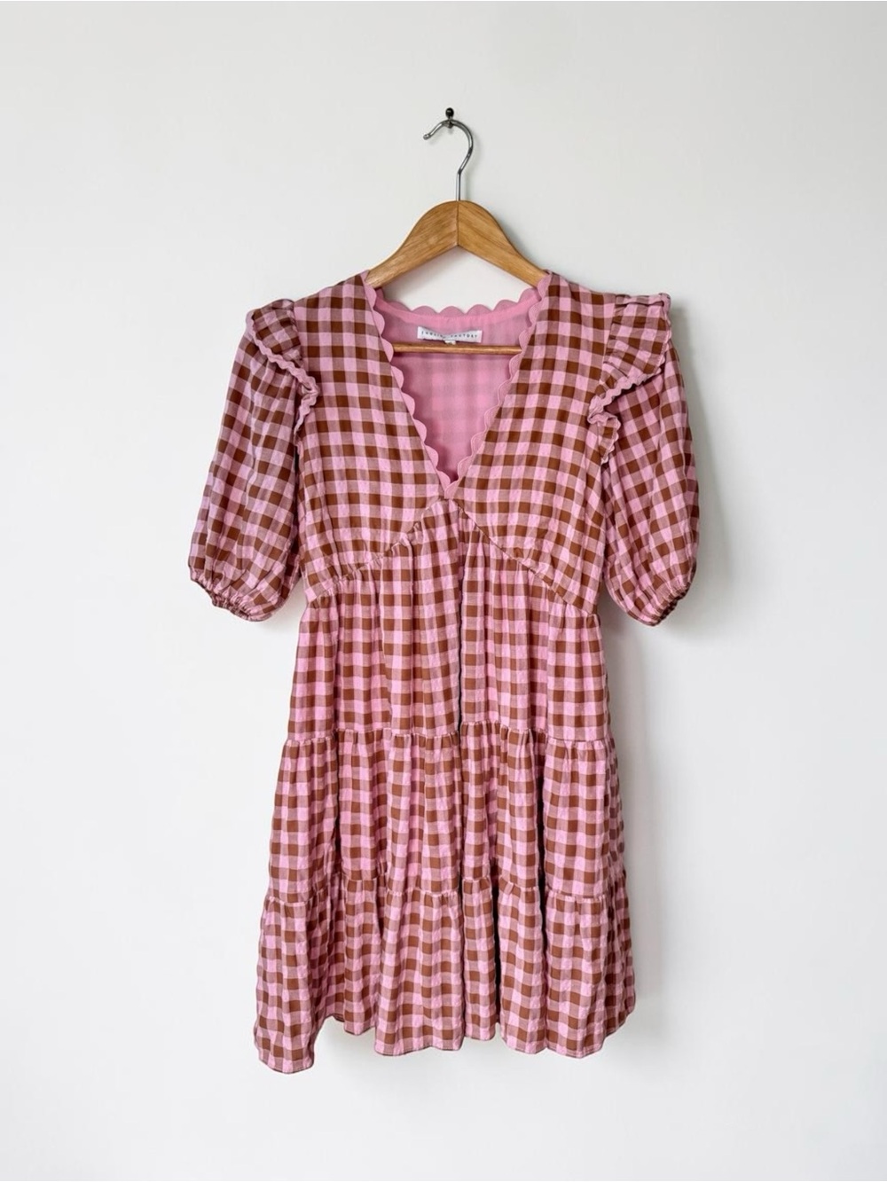 English Factory Pink Gingham Scallop Trim Tiered Puff Sleeve Mini Dress XS